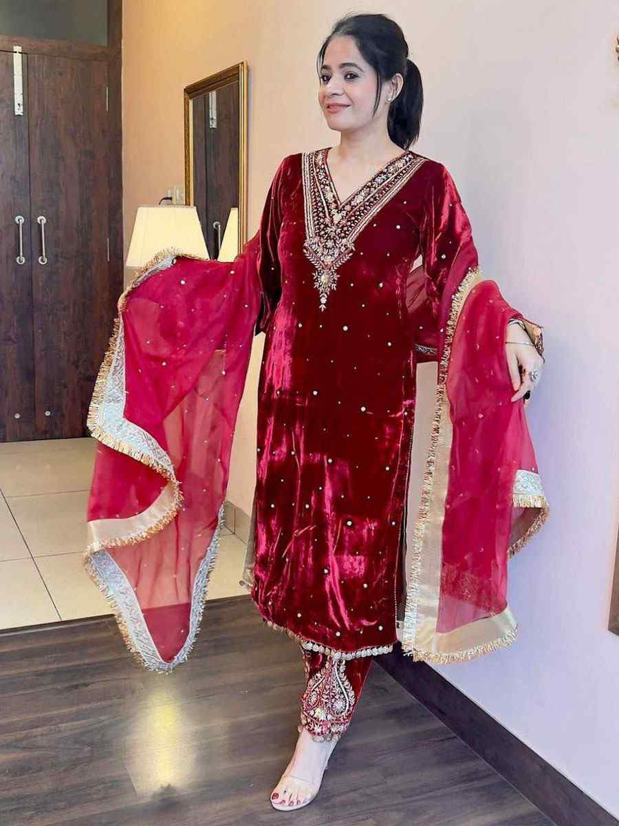 White Viscose Velvet Embroidery Party Wedding Festival Casual Ready Pant Salwar Kameez