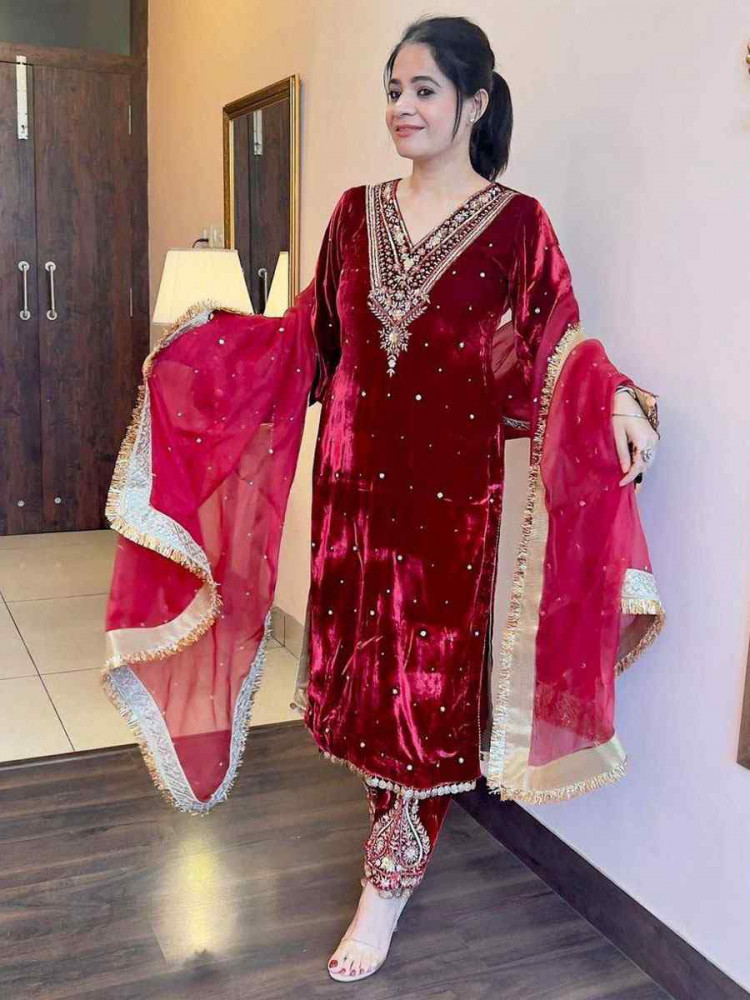 Image of White Viscose Velvet Embroidery Party Wedding Festival Casual Ready Pant Salwar Kameez