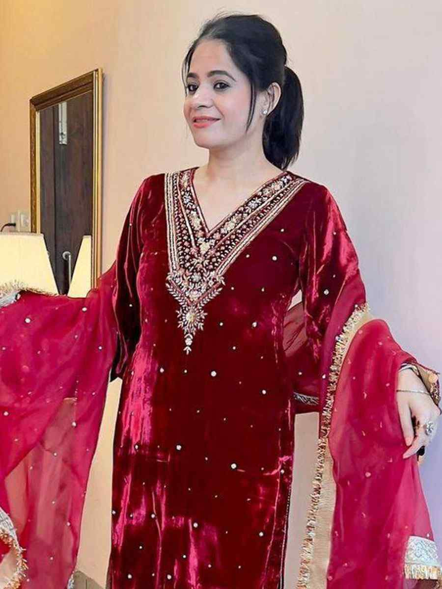 White Viscose Velvet Embroidery Party Wedding Festival Casual Ready Pant Salwar Kameez