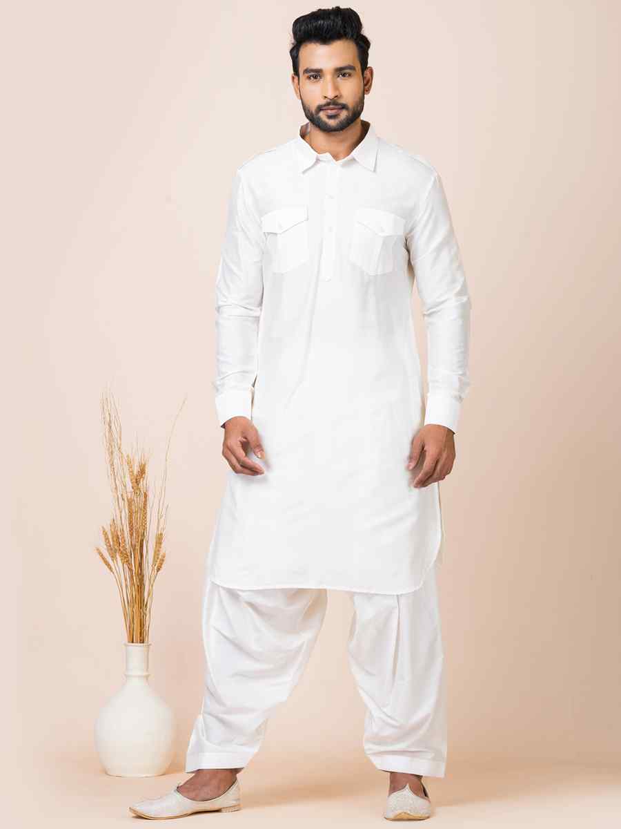 White Viscose Woven Festival Mehendi Kurta