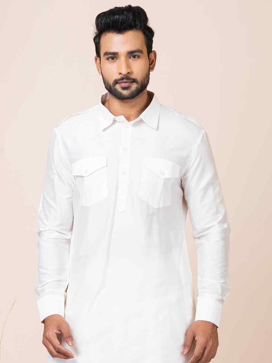 White Viscose Woven Festival Mehendi Kurta