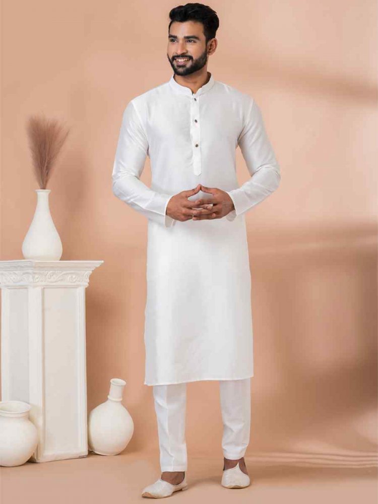 White Viscose Woven Festival Wedding Kurta