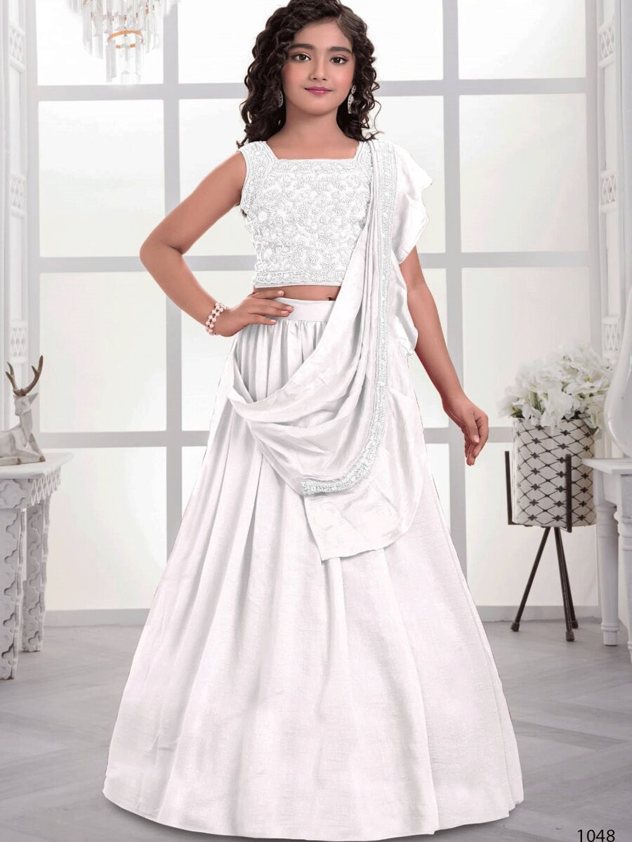 White Visitra Silk Embroidered Wedding Festival Party Lehengas Girls Wear