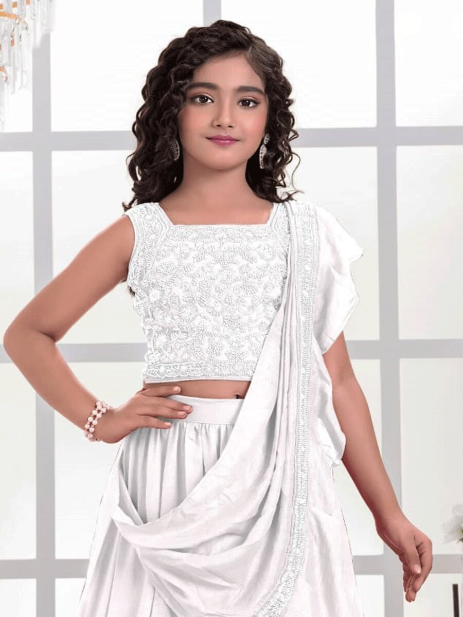 White Visitra Silk Embroidered Wedding Festival Party Lehengas Girls Wear