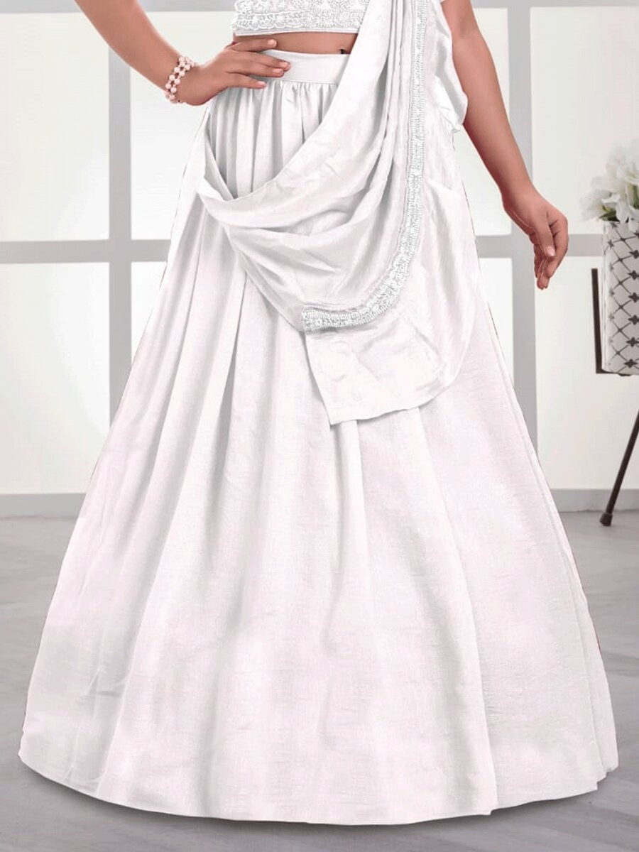 White Visitra Silk Embroidered Wedding Festival Party Lehengas Girls Wear