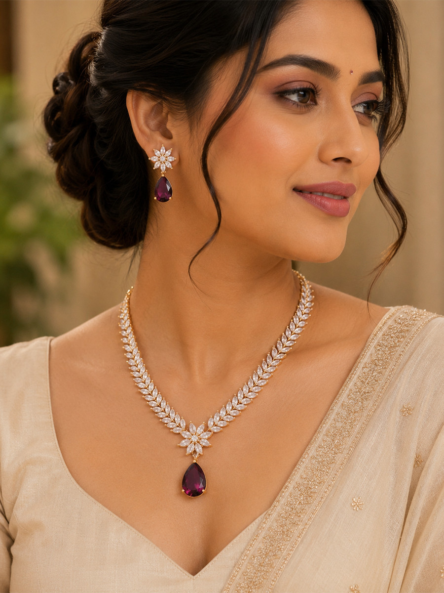 Wine AD Stone Gemstone Festival Party Wedding Necklace Set With Earrings
