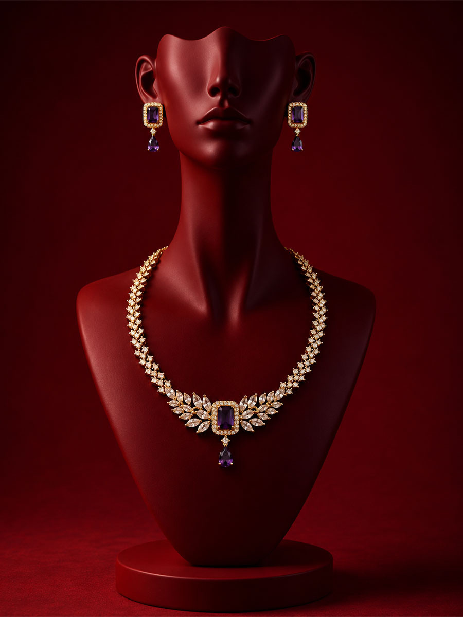 Wine Alloy Gemstone Diamond Wedding Party Festival Wear Necklace Set With Earrings