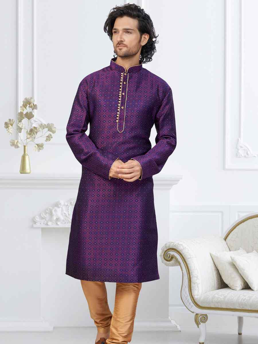 Wine Blue Banarasi Jackard Embroidery Festival Wedding Party Mens Kurta