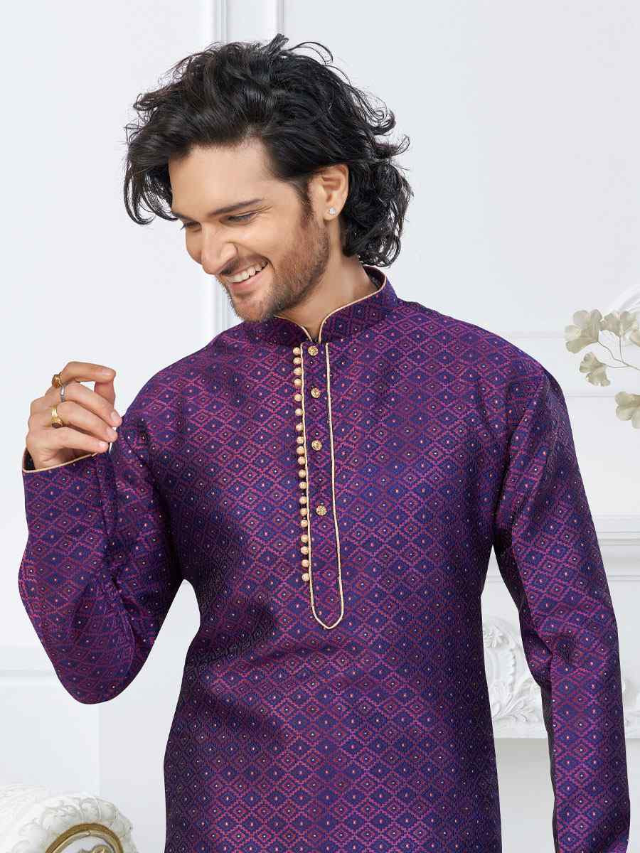 Wine Blue Banarasi Jackard Embroidery Festival Wedding Party Mens Kurta
