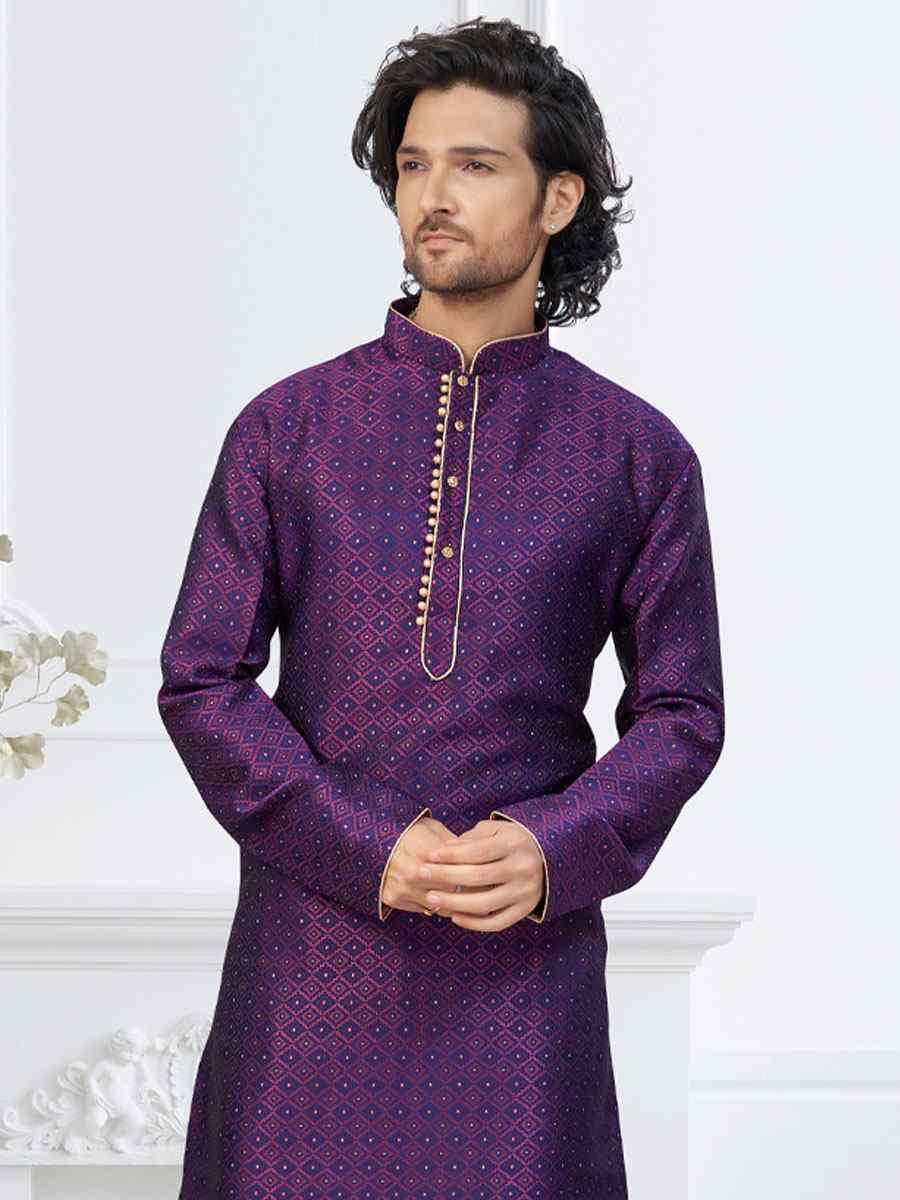 Wine Blue Banarasi Jackard Embroidery Festival Wedding Party Mens Kurta