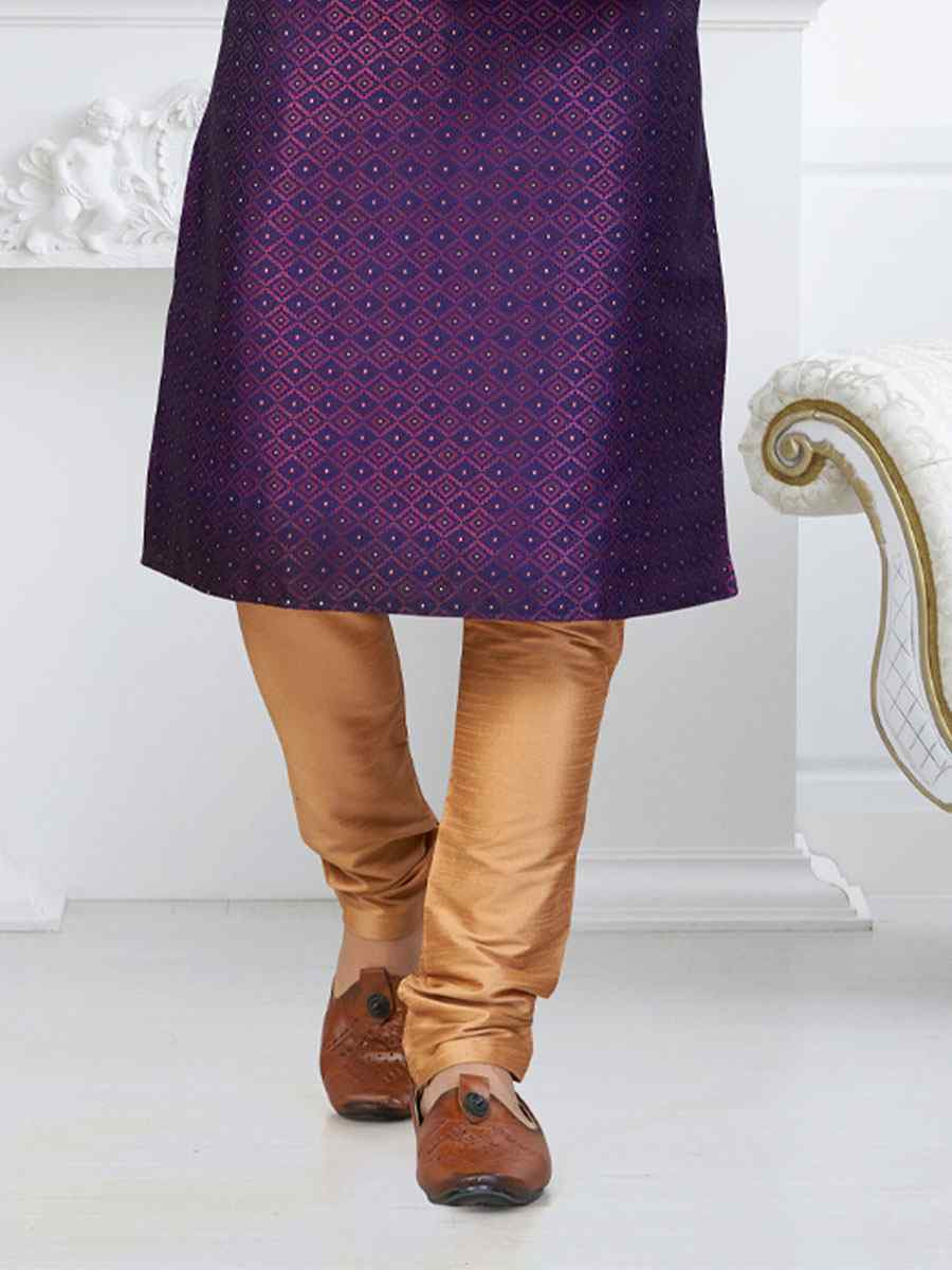 Wine Blue Banarasi Jackard Embroidery Festival Wedding Party Mens Kurta