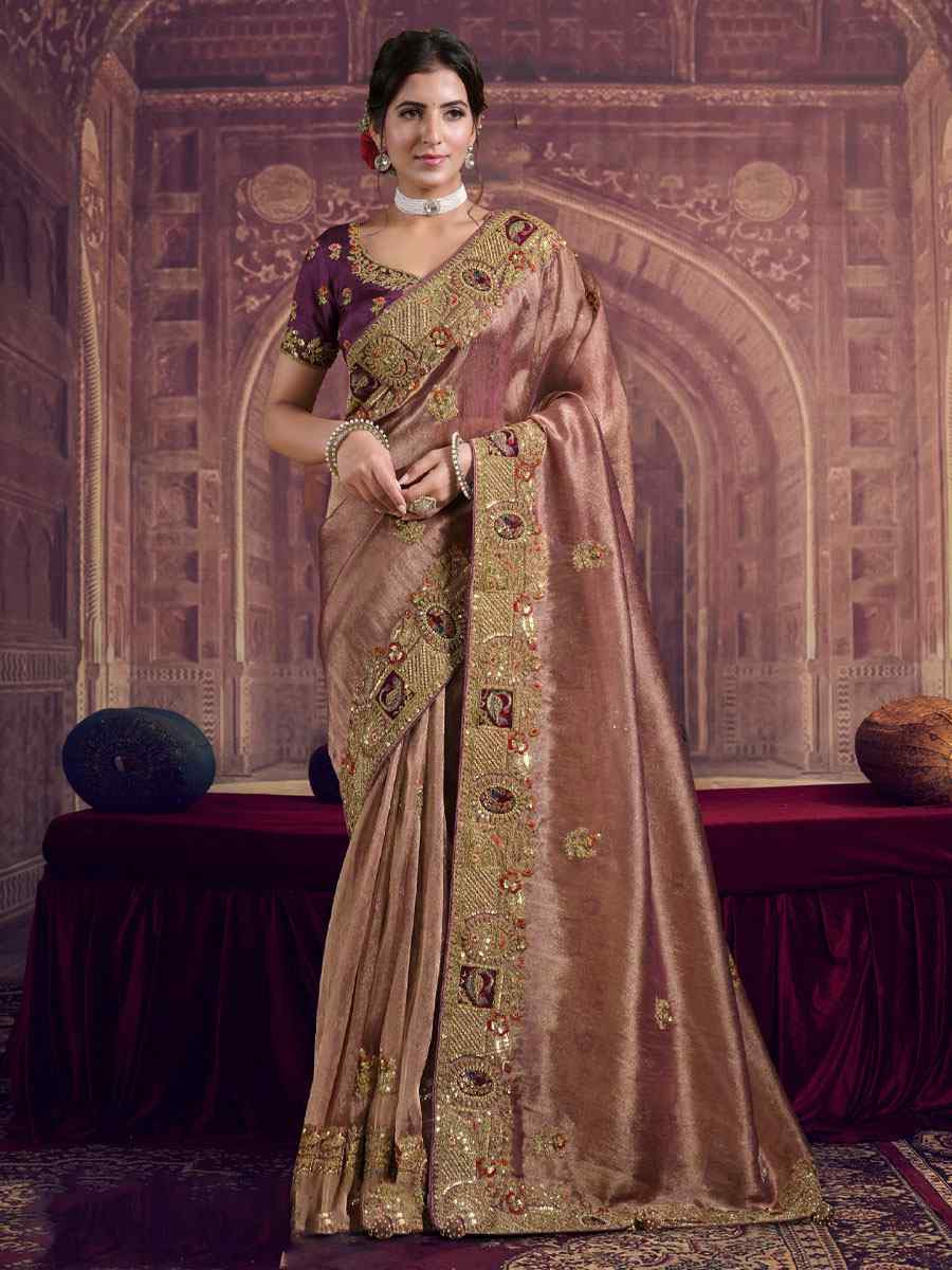 Wine and Gold Pure Georgette Embroidery Festival Wedding Fancy Classic Heavy Border Saree