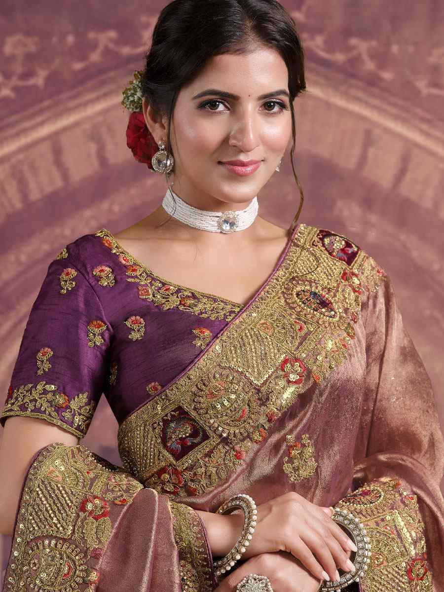 Wine and Gold Pure Georgette Embroidery Festival Wedding Fancy Classic Heavy Border Saree
