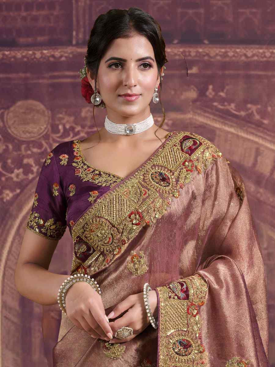 Wine and Gold Pure Georgette Embroidery Festival Wedding Fancy Classic Heavy Border Saree