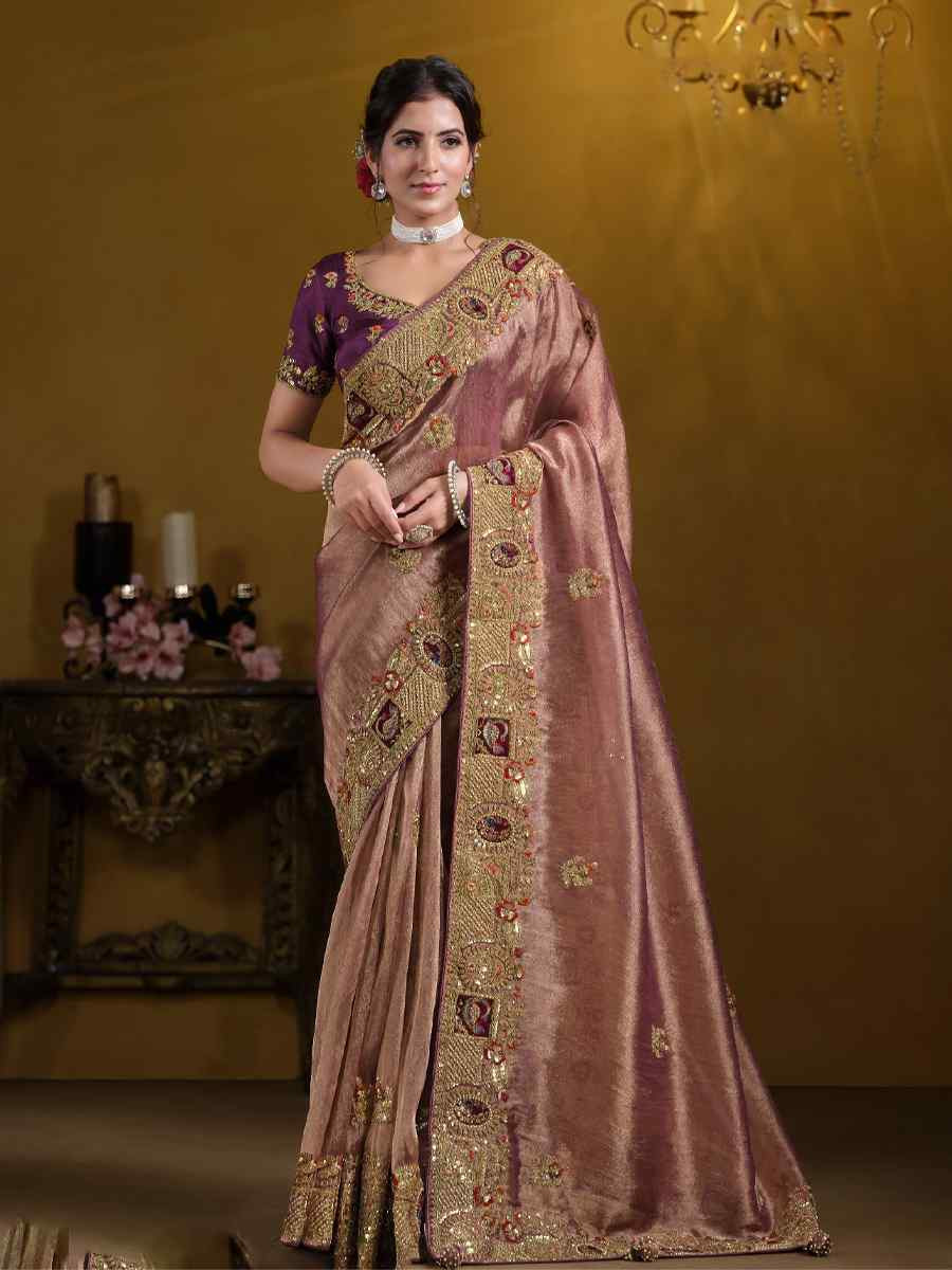 Wine and Gold Pure Georgette with Zari Organza Silk Embroidered Festival Wedding Fancy Heavy Border Saree