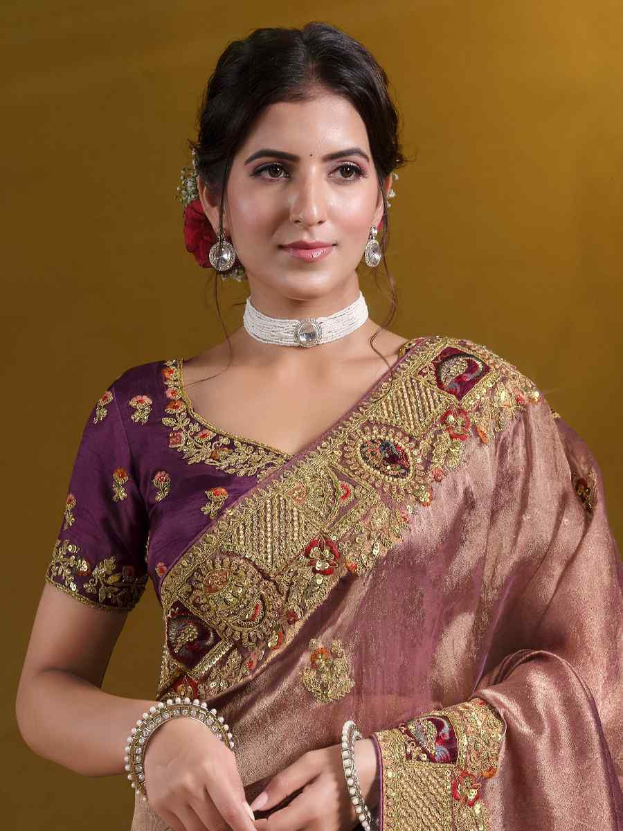 Wine and Gold Pure Georgette with Zari Organza Silk Embroidered Festival Wedding Fancy Heavy Border Saree