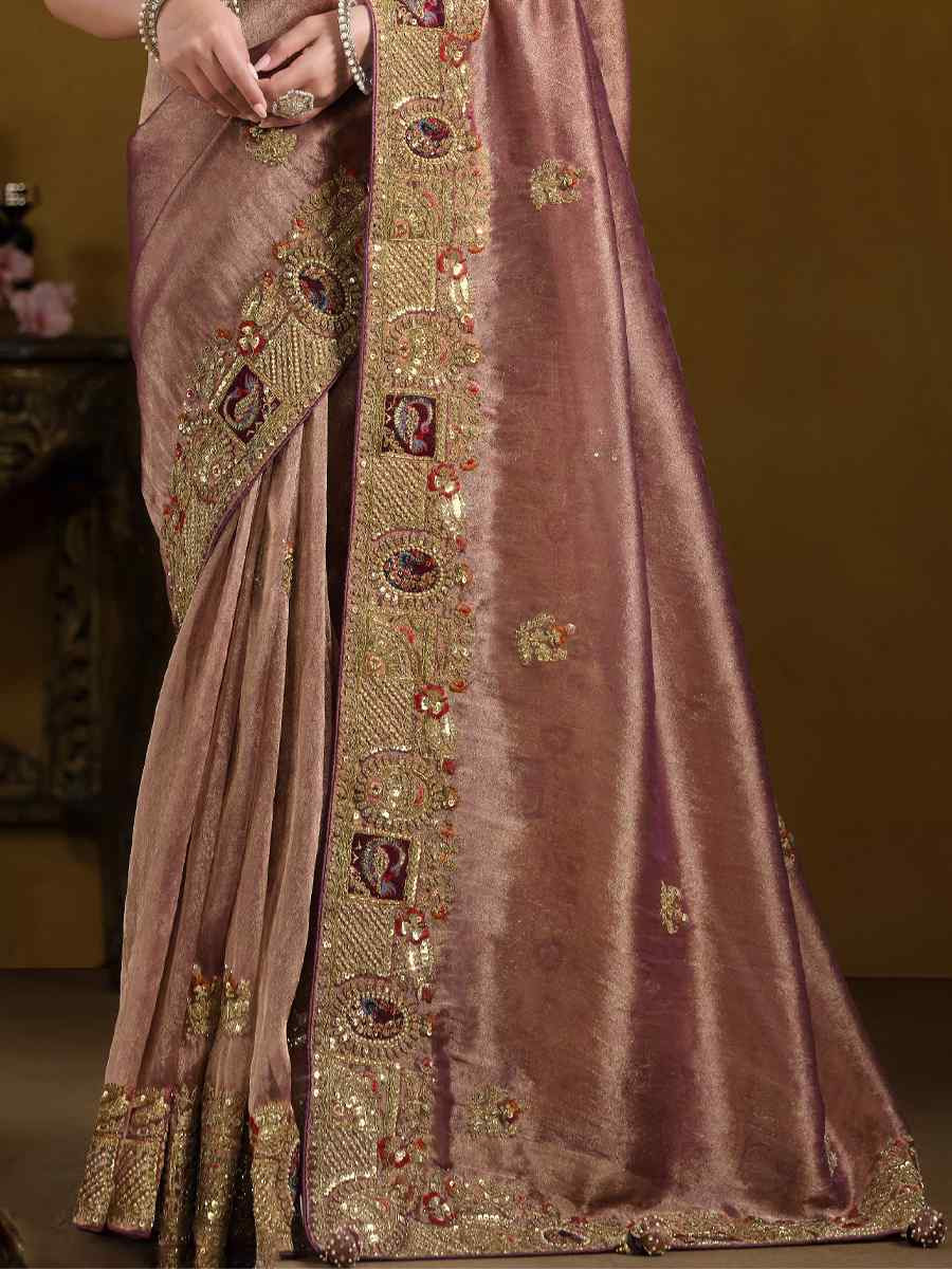 Wine and Gold Pure Georgette with Zari Organza Silk Embroidered Festival Wedding Fancy Heavy Border Saree