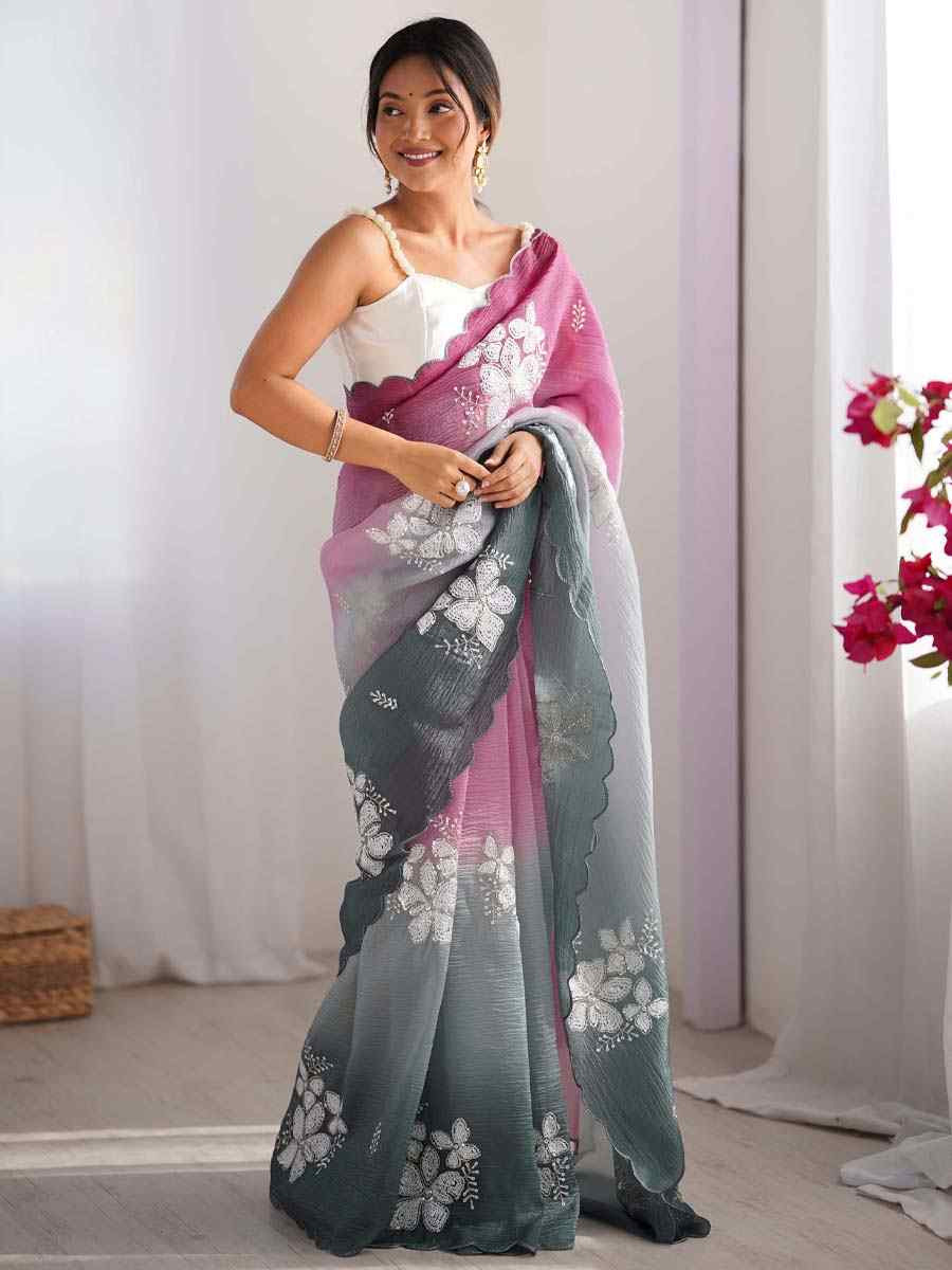 Wine and Green Crunchy Crush Embroidered Festival Wedding Fancy Heavy Border Saree