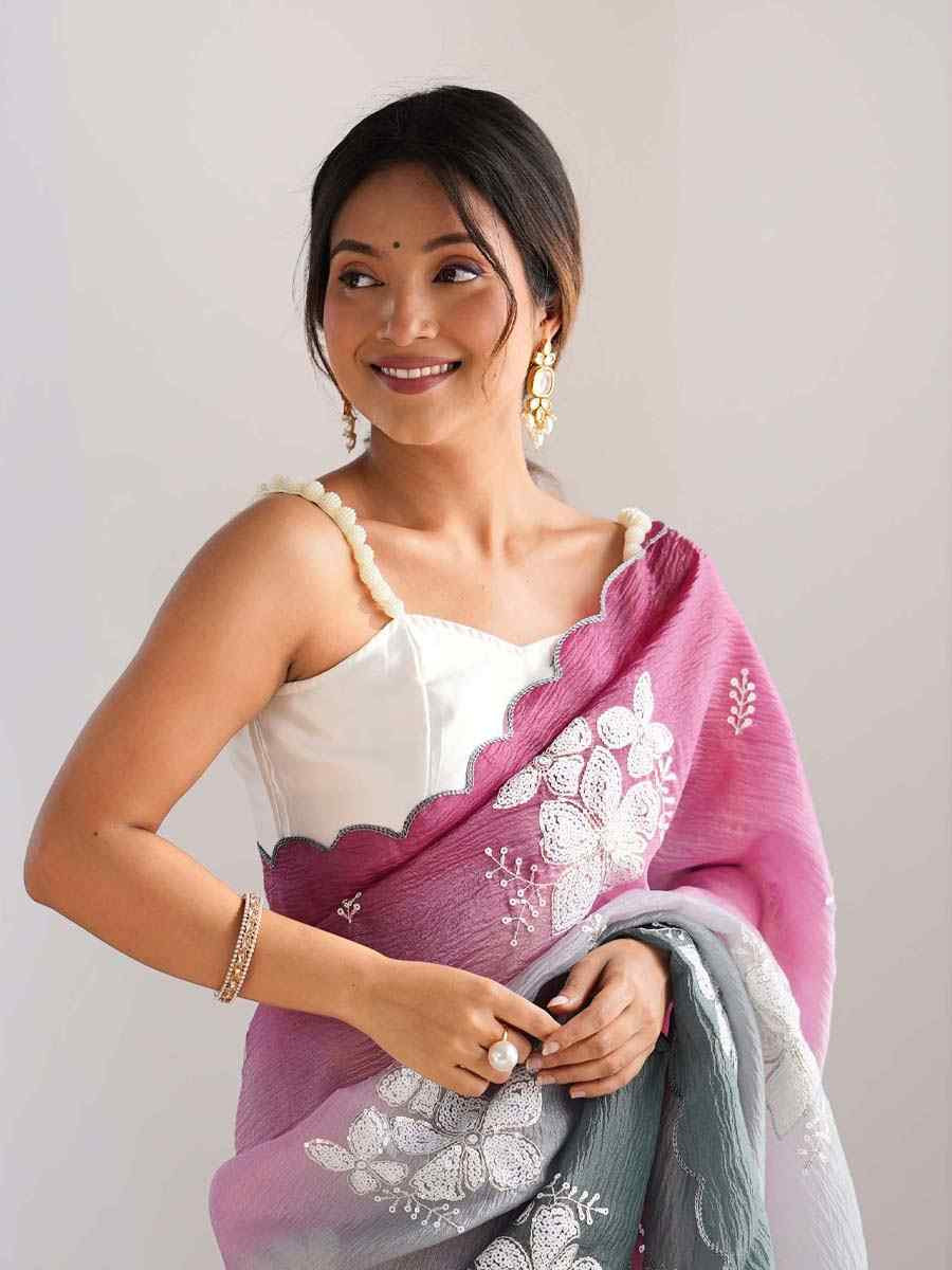 Wine and Green Crunchy Crush Embroidered Festival Wedding Fancy Heavy Border Saree