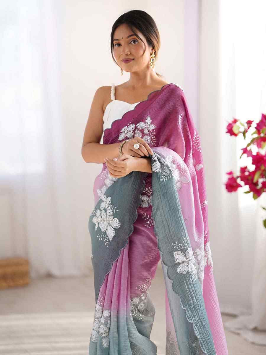 Wine and Green Crunchy Crush Embroidered Festival Wedding Fancy Heavy Border Saree