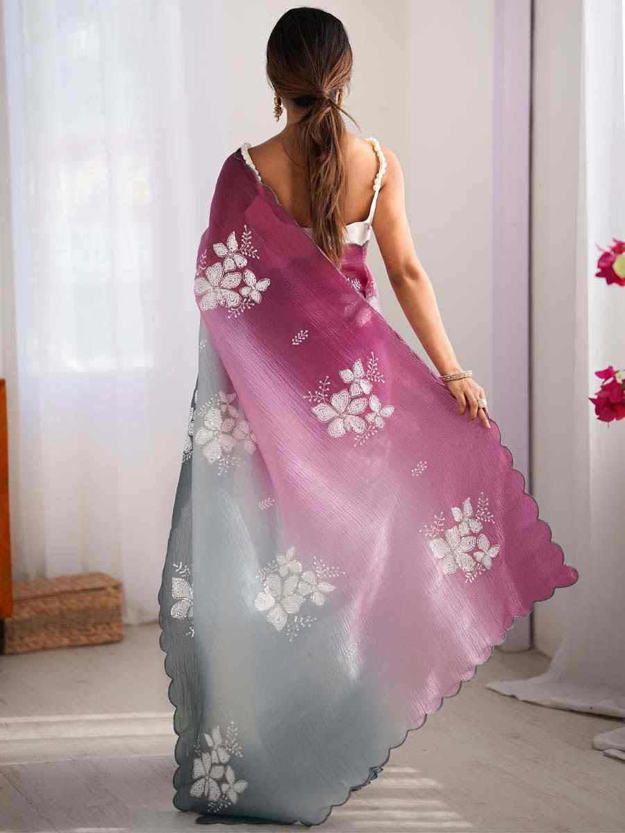 Wine and Green Crunchy Crush Embroidered Festival Wedding Fancy Heavy Border Saree