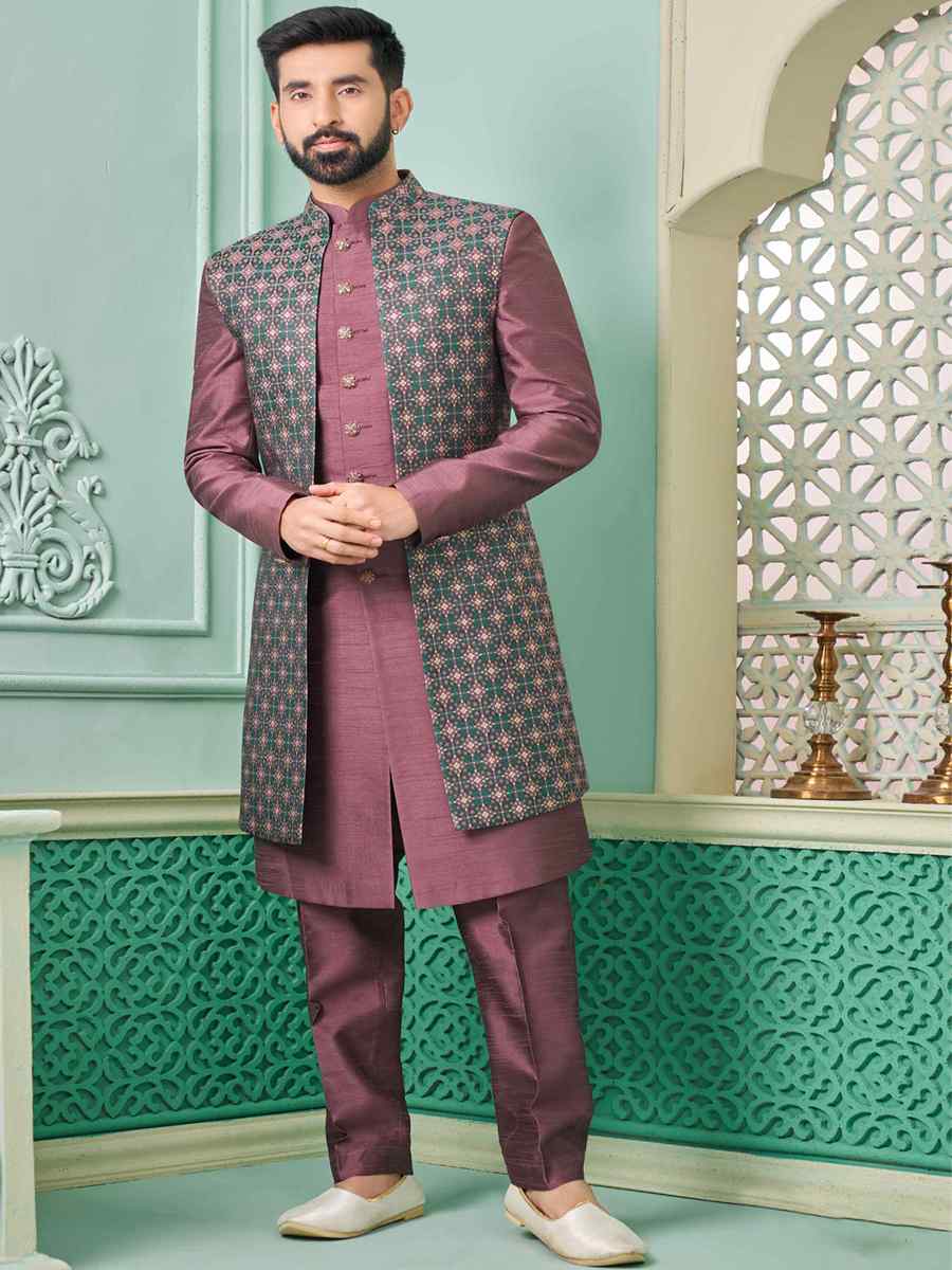 Wine Art Banarasi Silk Embroidered Festival Wedding Sherwani