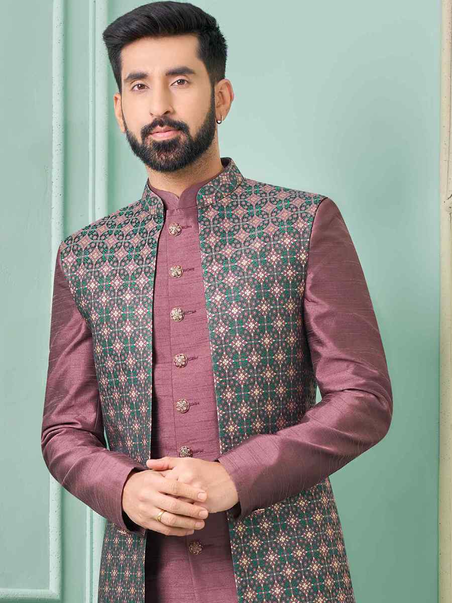 Wine Art Banarasi Silk Embroidered Festival Wedding Sherwani