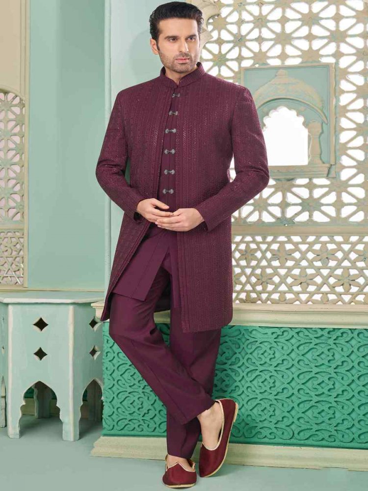 Wine Art Banarasi Silk Embroidered Festival Wedding Sherwani