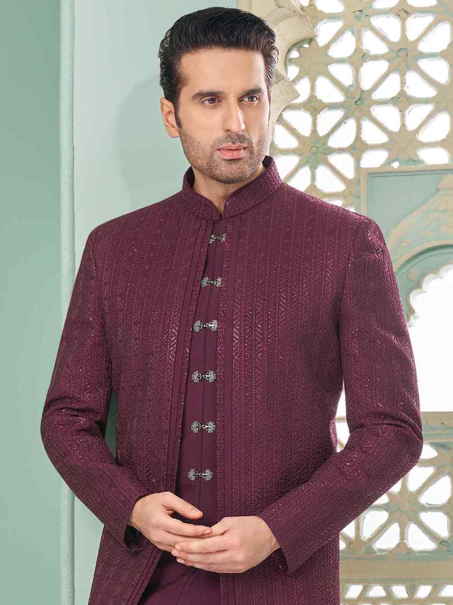Wine Art Banarasi Silk Embroidered Festival Wedding Sherwani