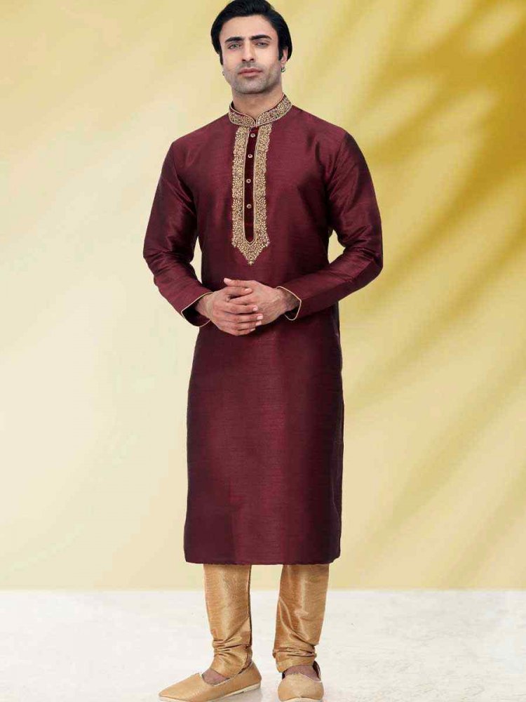 Wine Art Banarasi Silk Woven Festival Mehendi Kurta