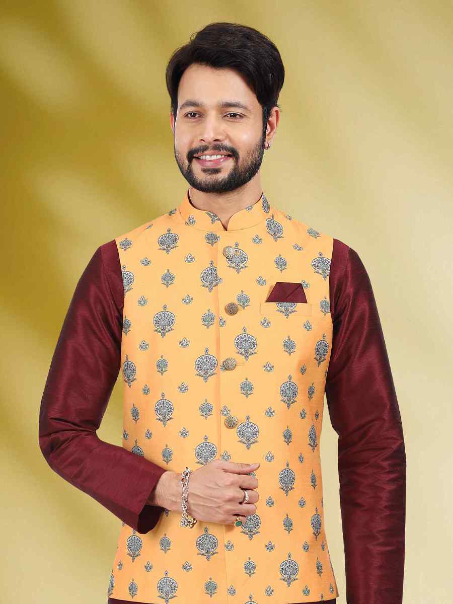 Wine Art Banarasi Silk Woven Festival Party Kurta