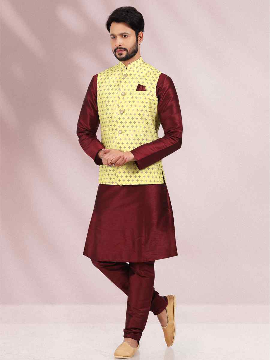 Wine Art Banarasi Silk Woven Festival Party Kurta