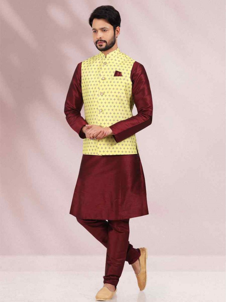 Wine Art Banarasi Silk Woven Festival Party Kurta