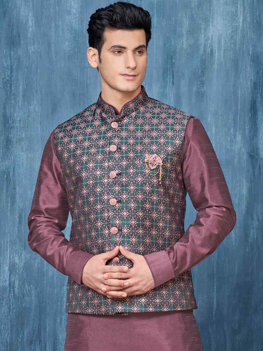 Wine Art Banarasi Silk Woven Festival Wedding Kurta