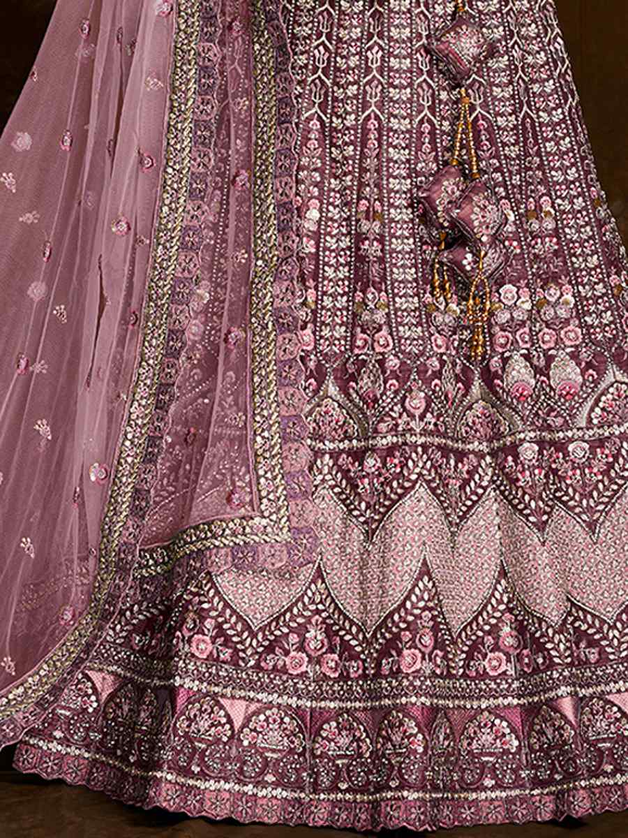Wine Art Silk Embroidered Bridal Wedding Heavy Border Lehenga Choli