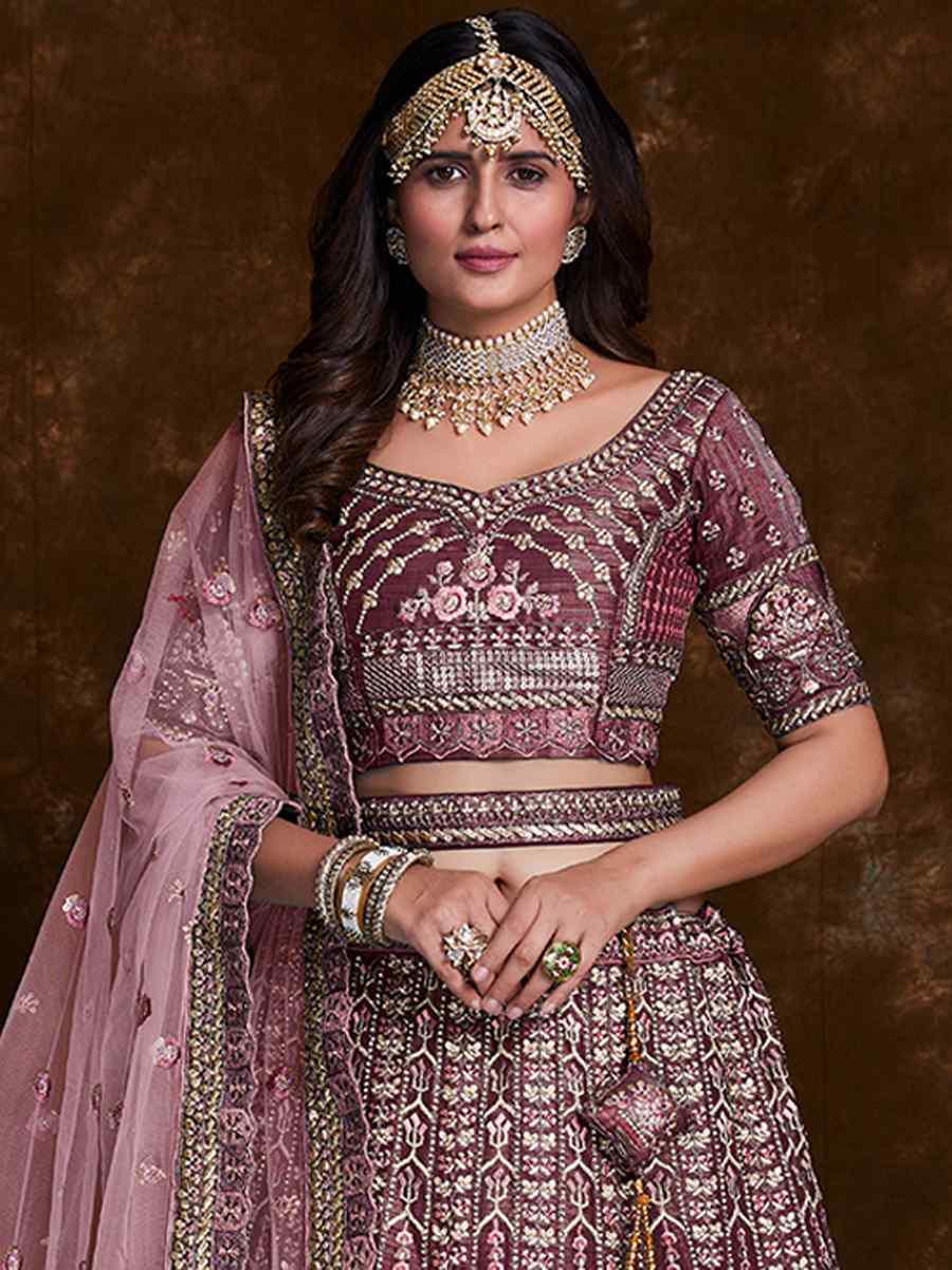 Wine Art Silk Embroidered Bridal Wedding Heavy Border Lehenga Choli