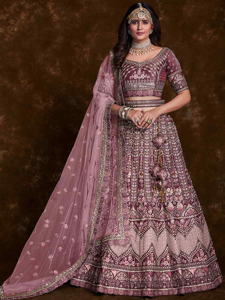 Wine Art Silk Embroidered Bridal Wedding Heavy Border Lehenga Choli