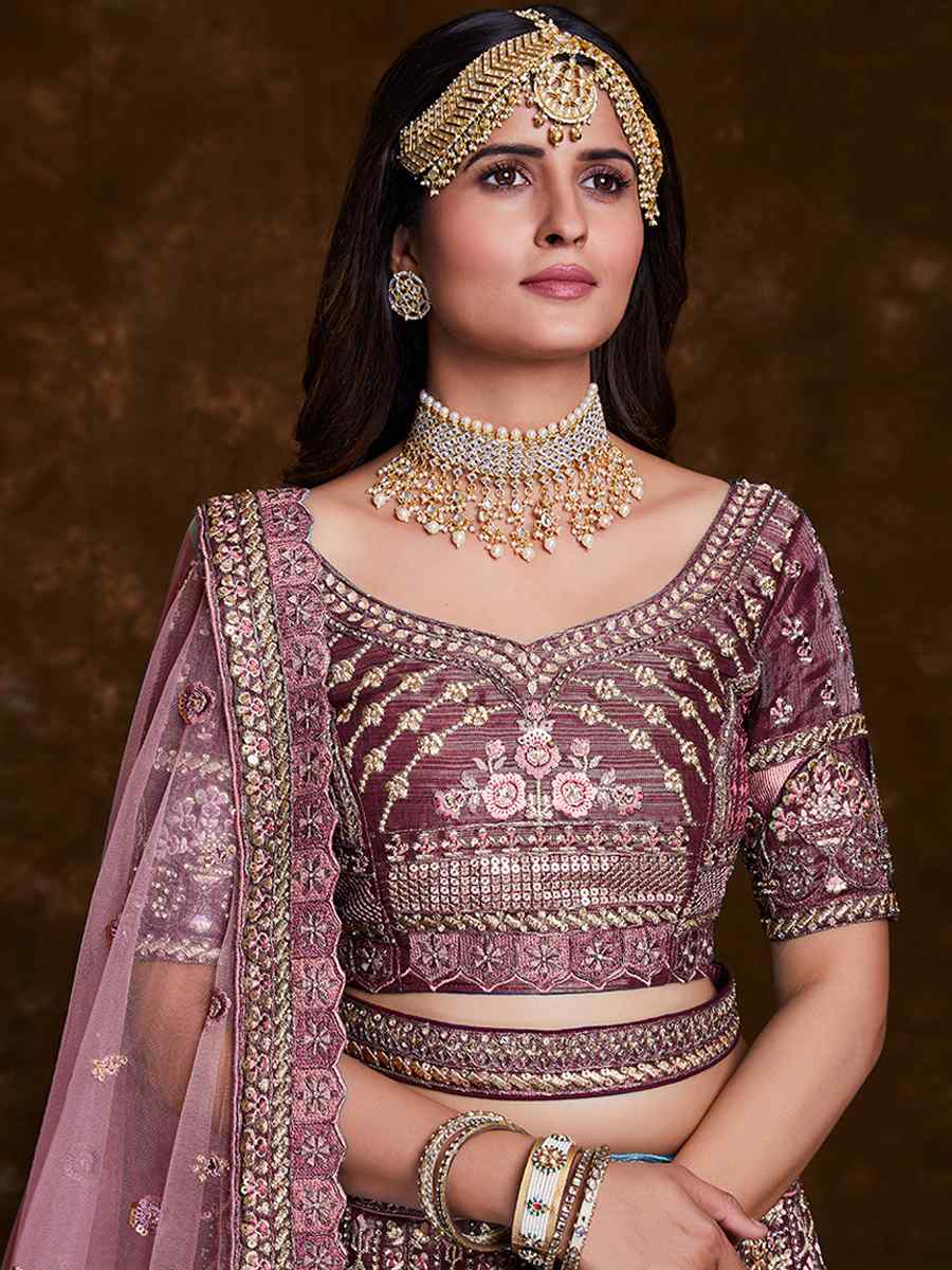 Wine Art Silk Embroidered Bridal Wedding Heavy Border Lehenga Choli