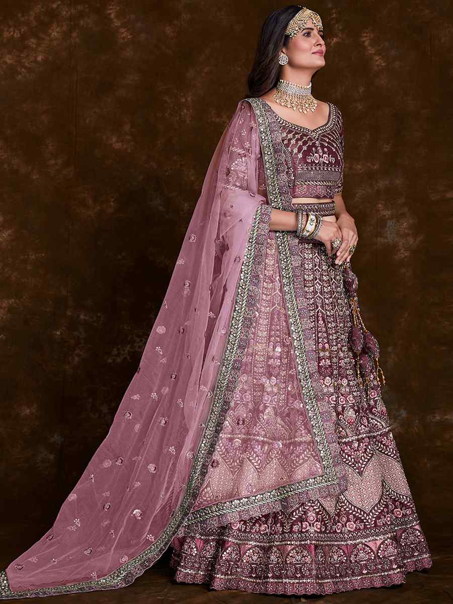 Wine Art Silk Embroidered Bridal Wedding Heavy Border Lehenga Choli