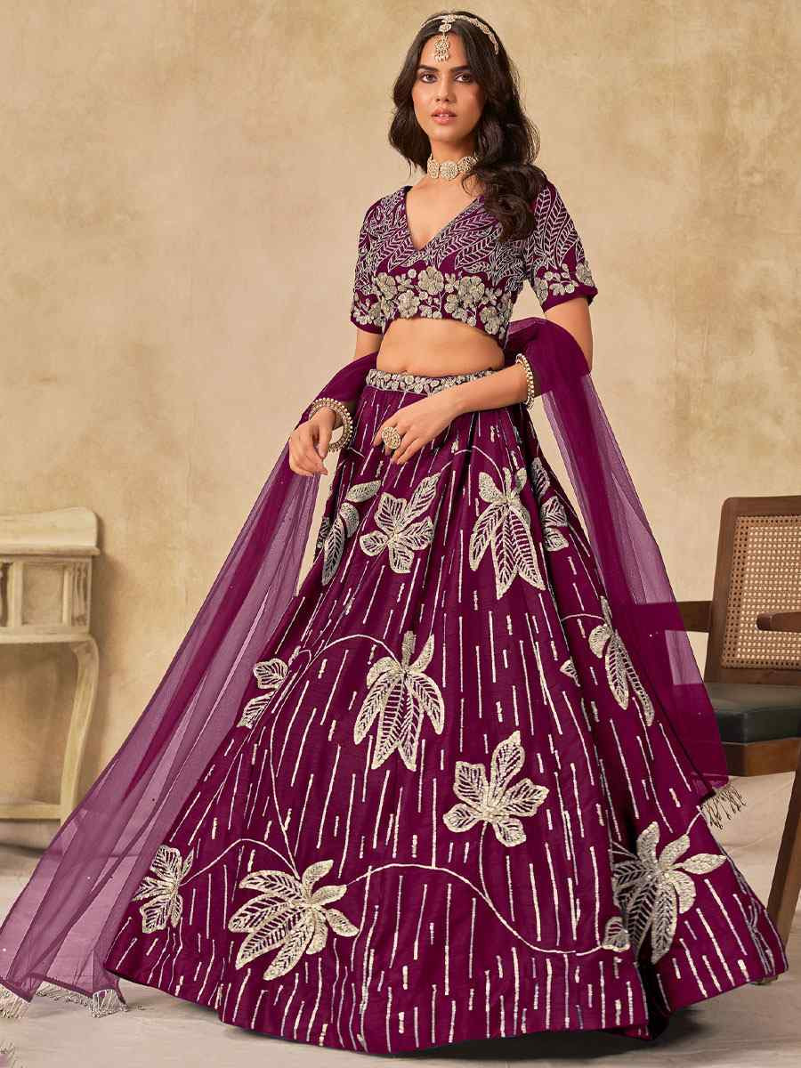 Wine Art Silk Embroidered Bridal Wedding Reception Festival Heavy Border Lehenga Choli