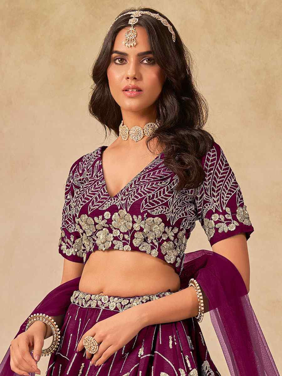 Wine Art Silk Embroidered Bridal Wedding Reception Festival Heavy Border Lehenga Choli