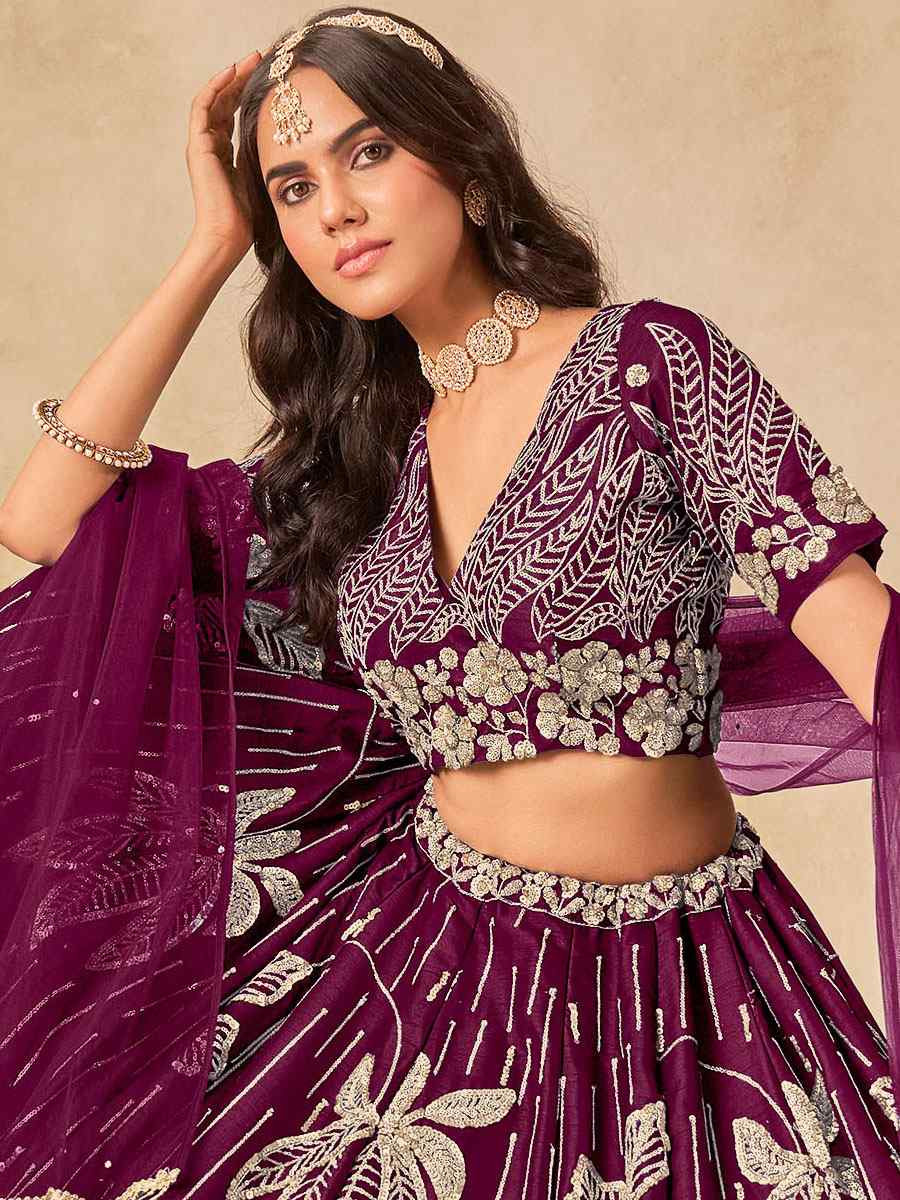 Wine Art Silk Embroidered Bridal Wedding Reception Festival Heavy Border Lehenga Choli