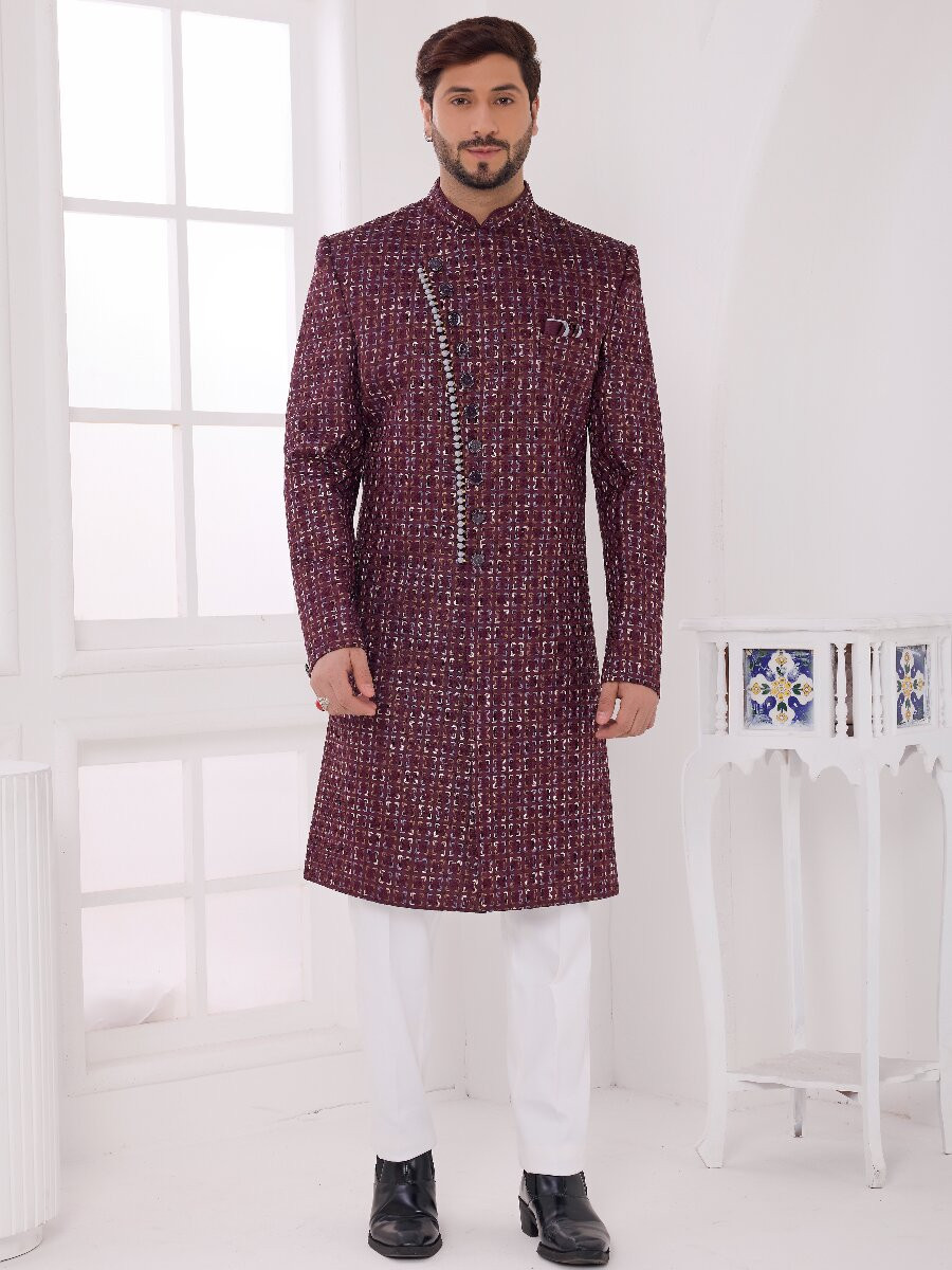 Wine Art silk Embroidered Computer Thread work Wedding Party Festival Groom Sherwani