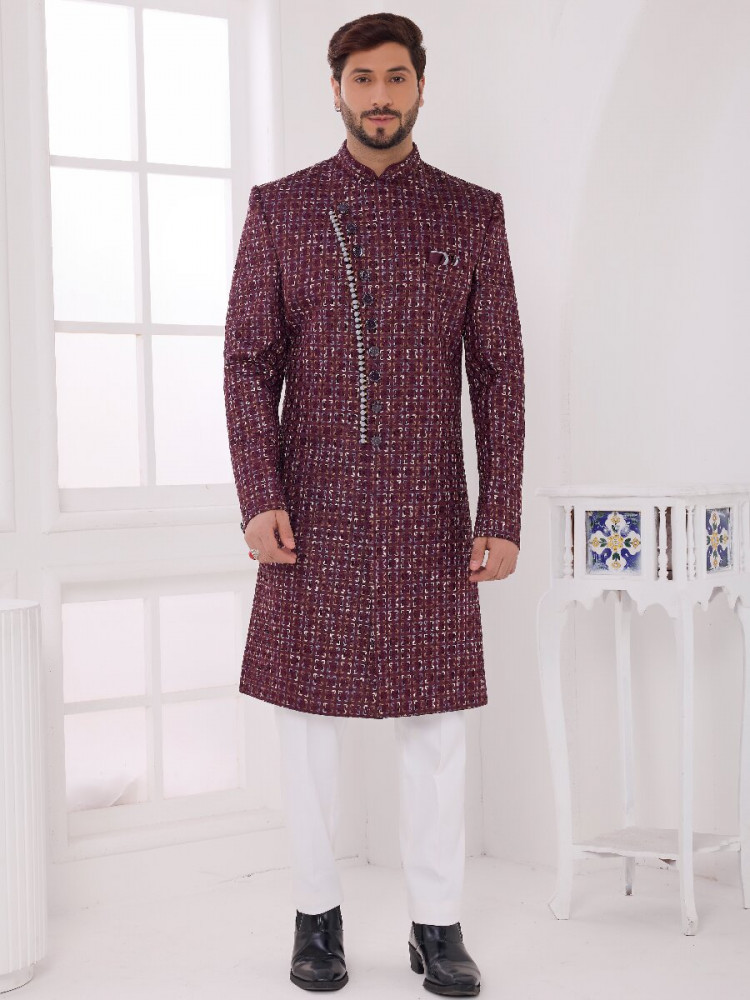 Image of Wine Art silk Embroidered Computer Thread work Wedding Party Festival Groom Sherwani