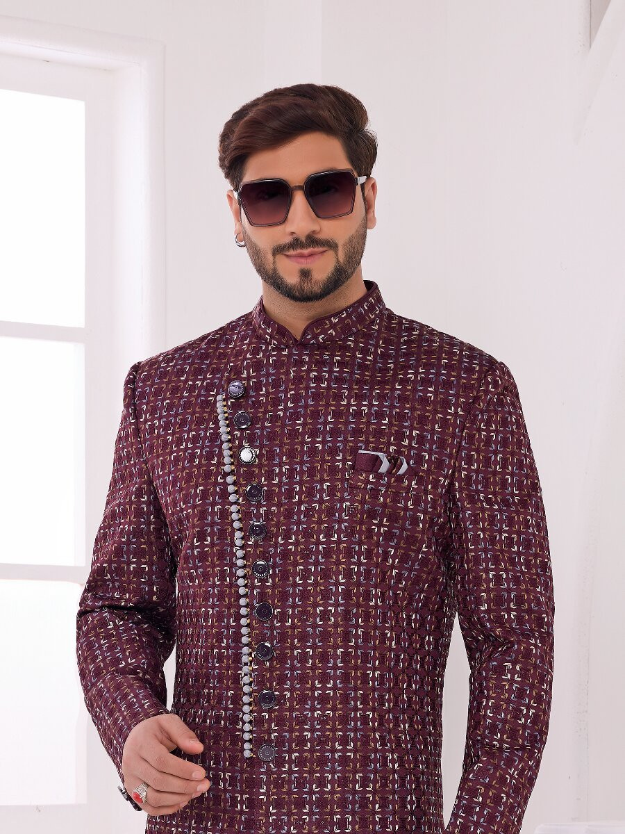 Wine Art silk Embroidered Computer Thread work Wedding Party Festival Groom Sherwani