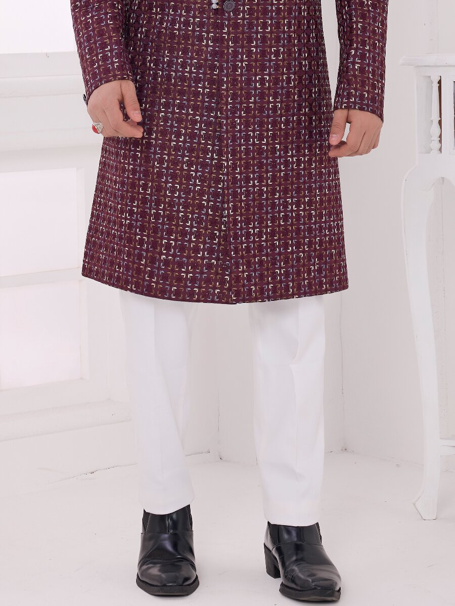 Wine Art silk Embroidered Computer Thread work Wedding Party Festival Groom Sherwani