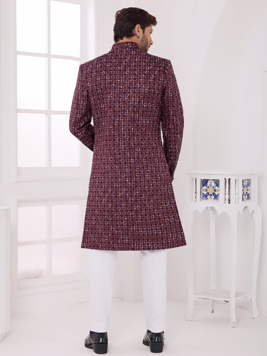 Wine Art silk Embroidered Computer Thread work Wedding Party Festival Groom Sherwani