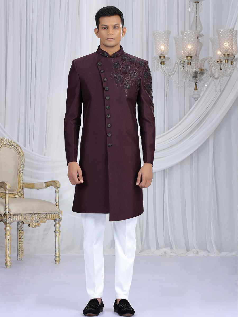 Wine Art Silk Embroidered Festival Wedding Mens Sherwani