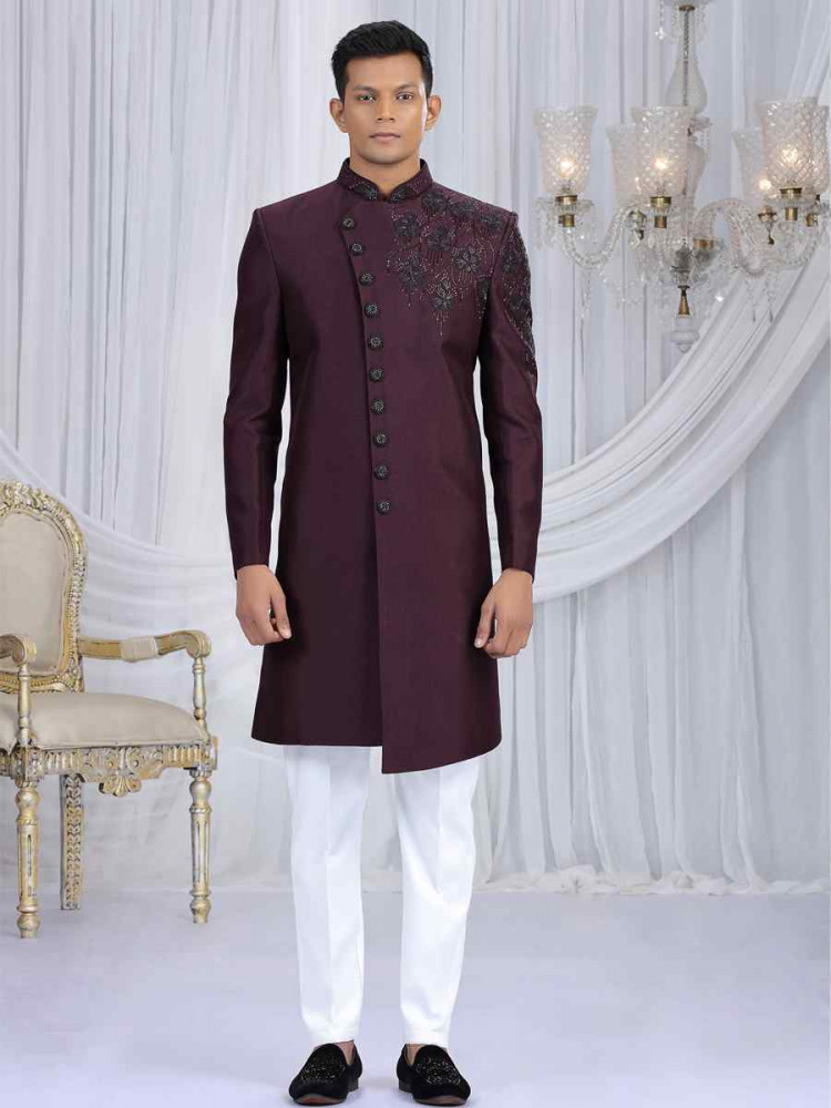 Image of Wine Art Silk Embroidered Festival Wedding Mens Sherwani
