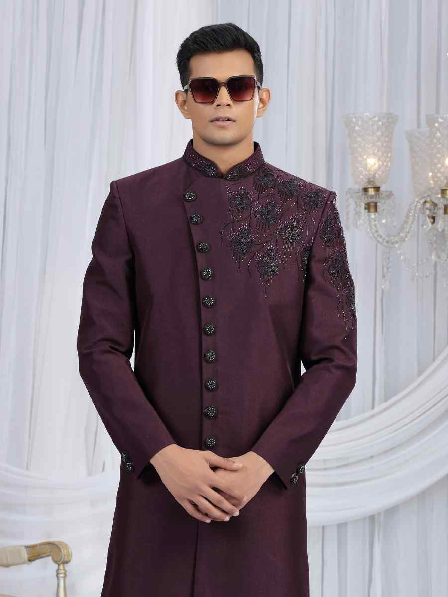 Wine Art Silk Embroidered Festival Wedding Mens Sherwani
